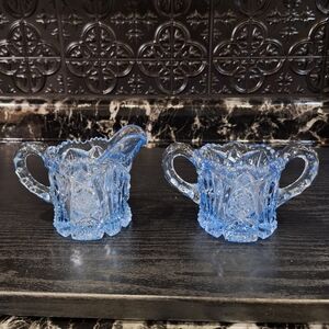Vintage Ice Blue Star And Cane Sugar And Creamer Set , #212 By Indiana Glass Co